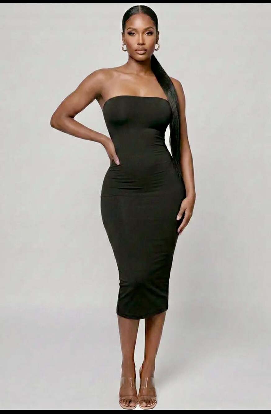 Capella Apparel Strapless Tube Top Bodycon Midi Dress in Black